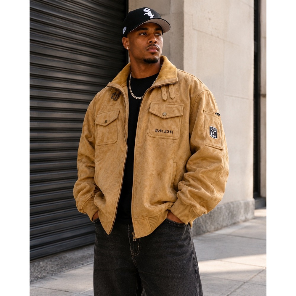 Sean John Tan Faux Suede Utility Bomber Jacket Streetwear Hip Hop Y2K Sz XXL